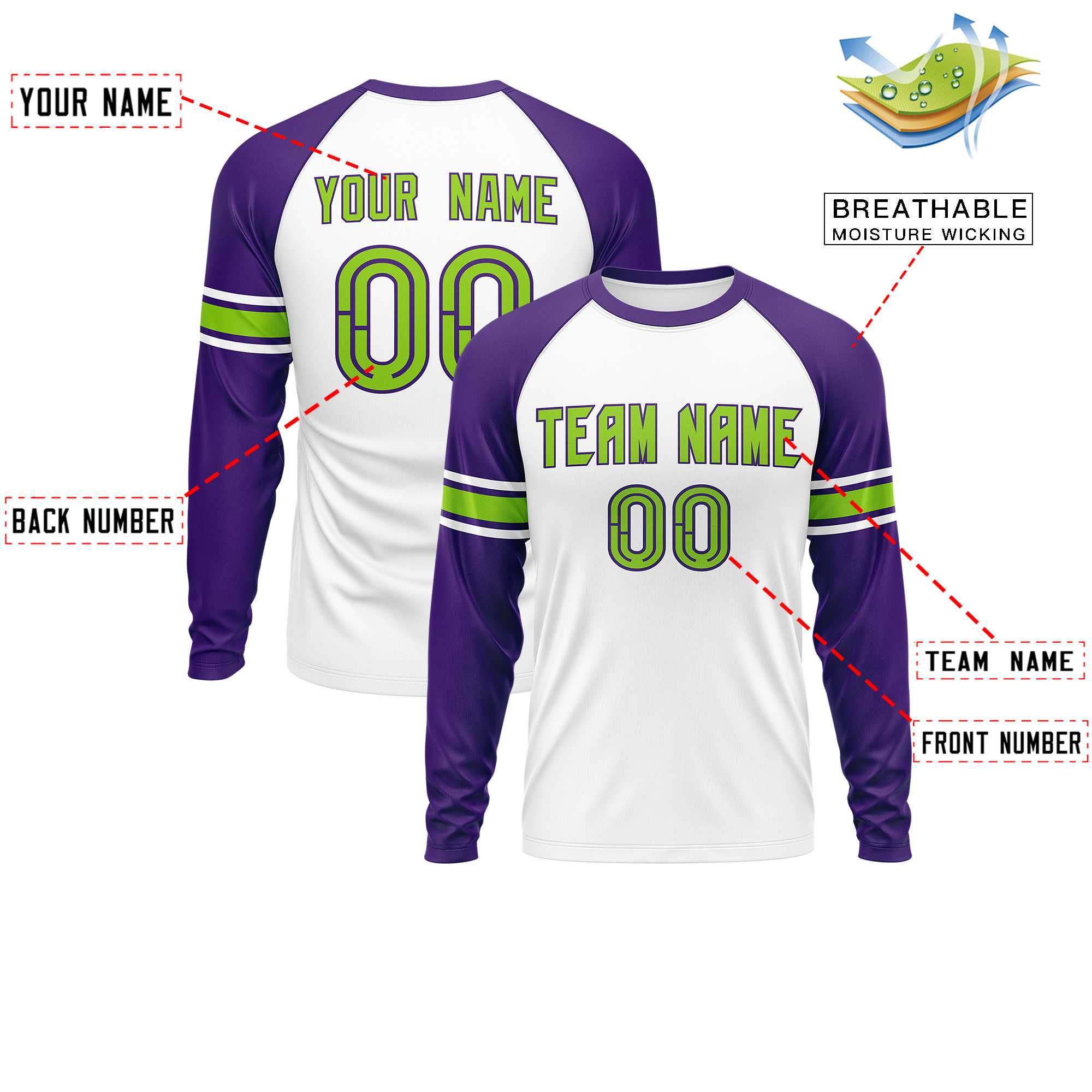 Custom White Purple Neon Green Crew Neck Personalized Raglan Long Sleeve Performance T-shirt