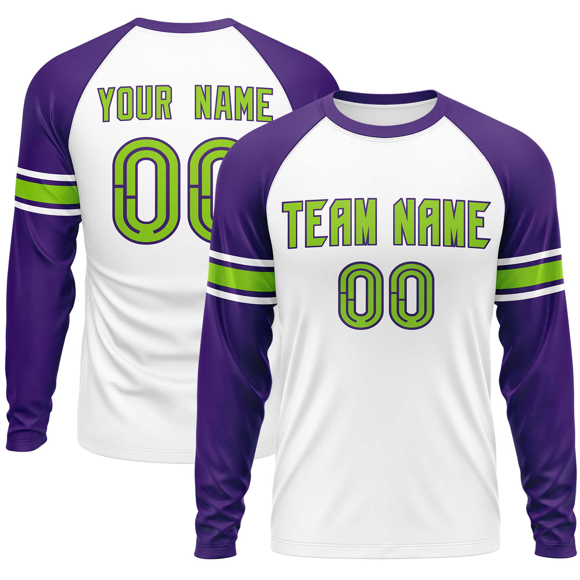 Custom White Purple Neon Green Crew Neck Personalized Raglan Long Sleeve Performance T-shirt