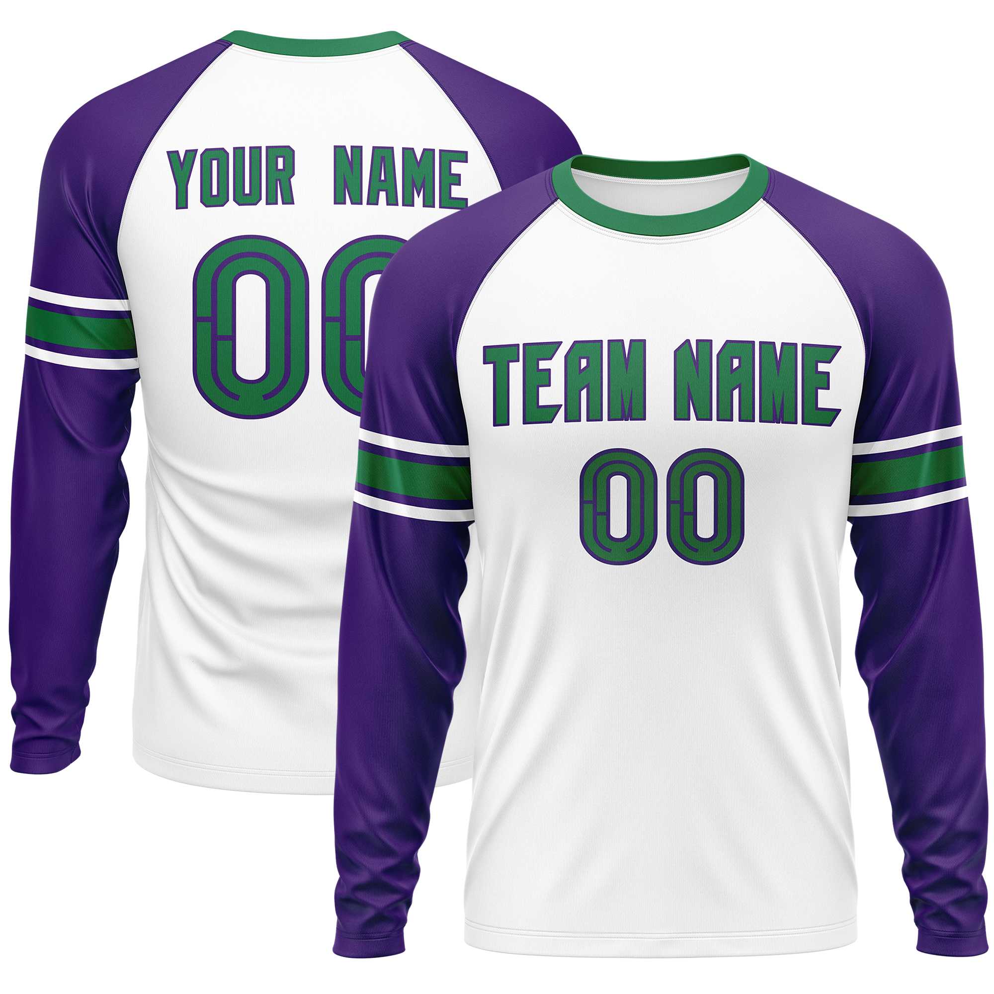 Custom White Purple Kelly Green Crew Neck Personalized Raglan Long Sleeve Performance T-shirt