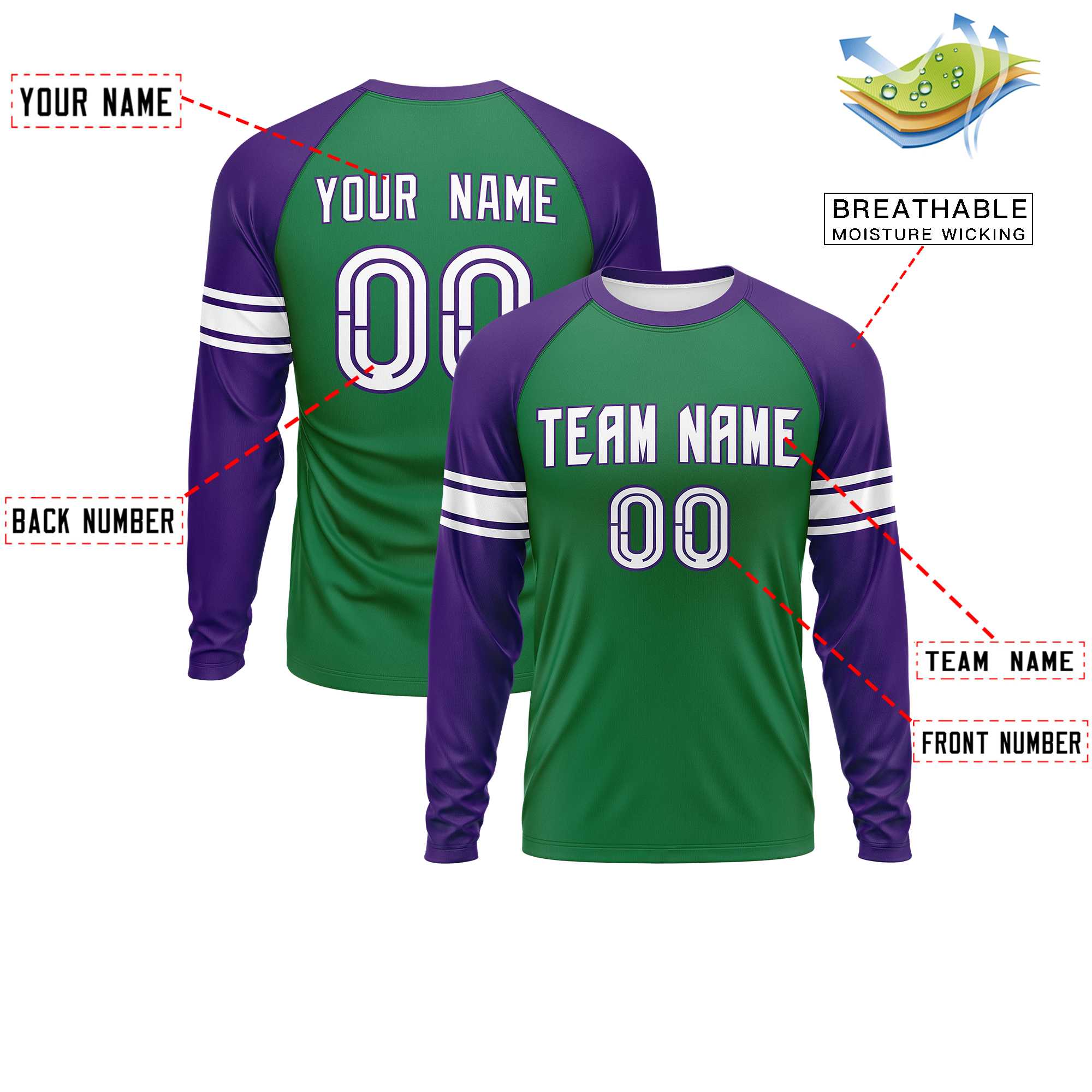 Custom Kelly Green Purple White Crew Neck Personalized Raglan Long Sleeve Performance T-shirt