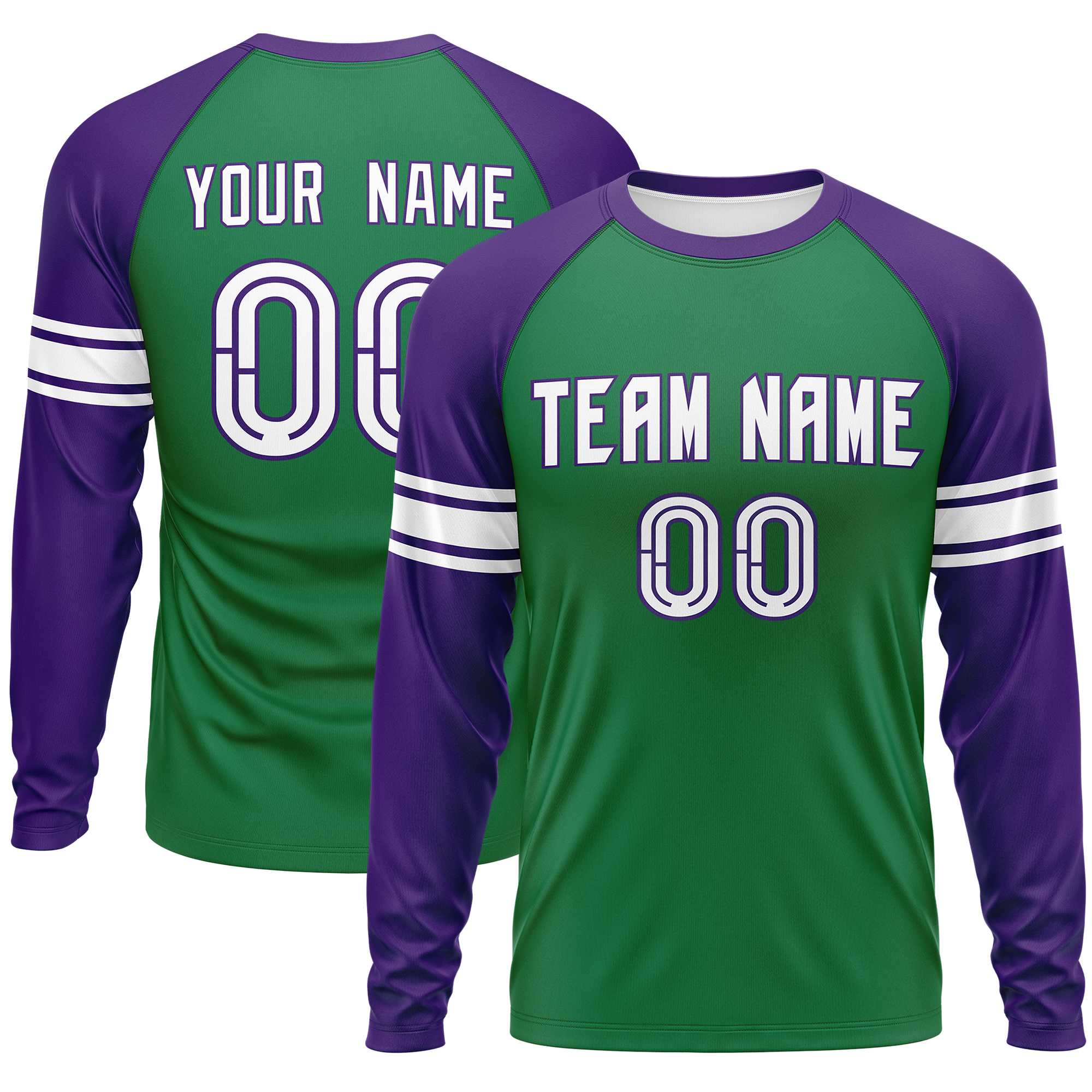 Custom Kelly Green Purple White Crew Neck Personalized Raglan Long Sleeve Performance T-shirt