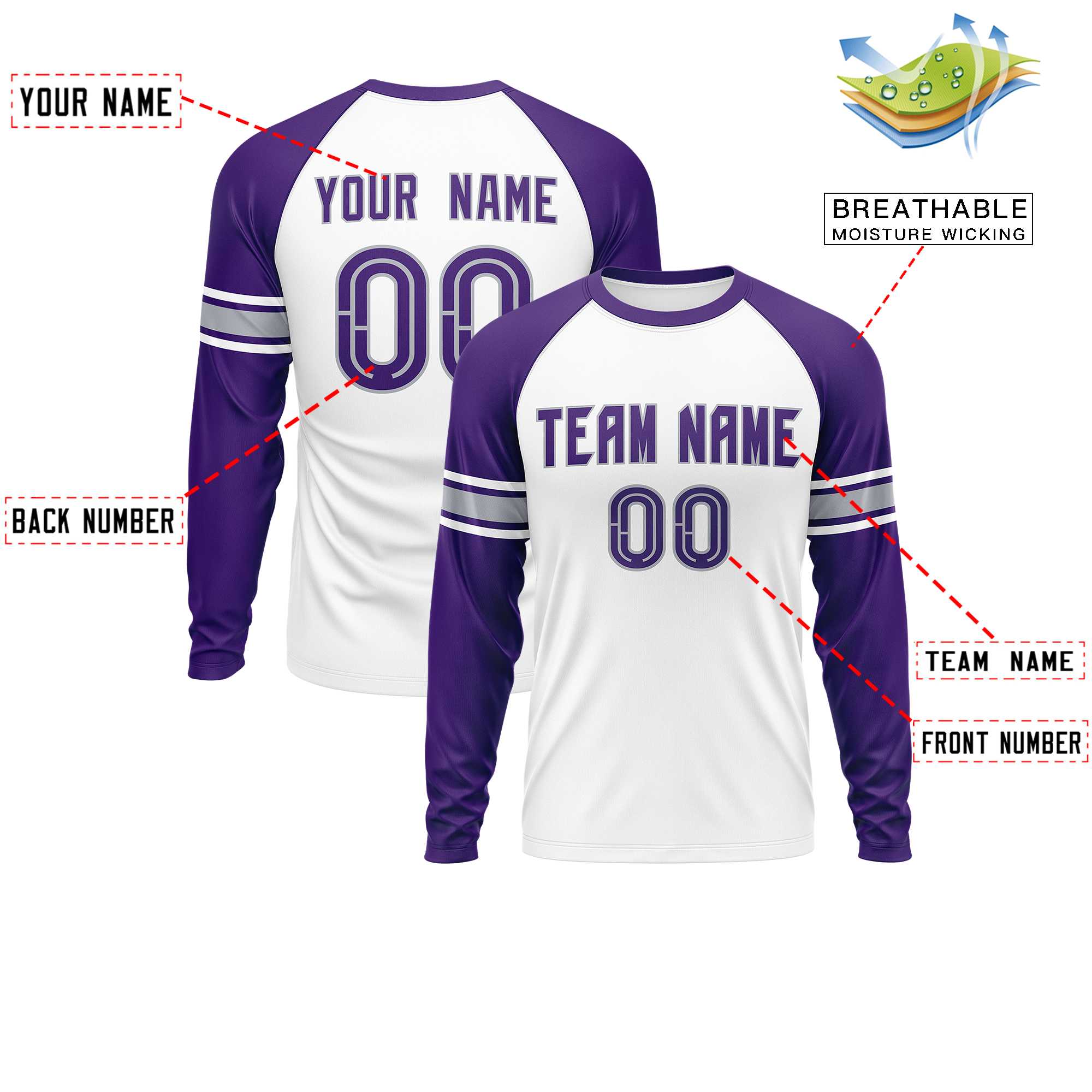 Custom White Purple Gray Crew Neck Personalized Raglan Long Sleeve Performance T-shirt