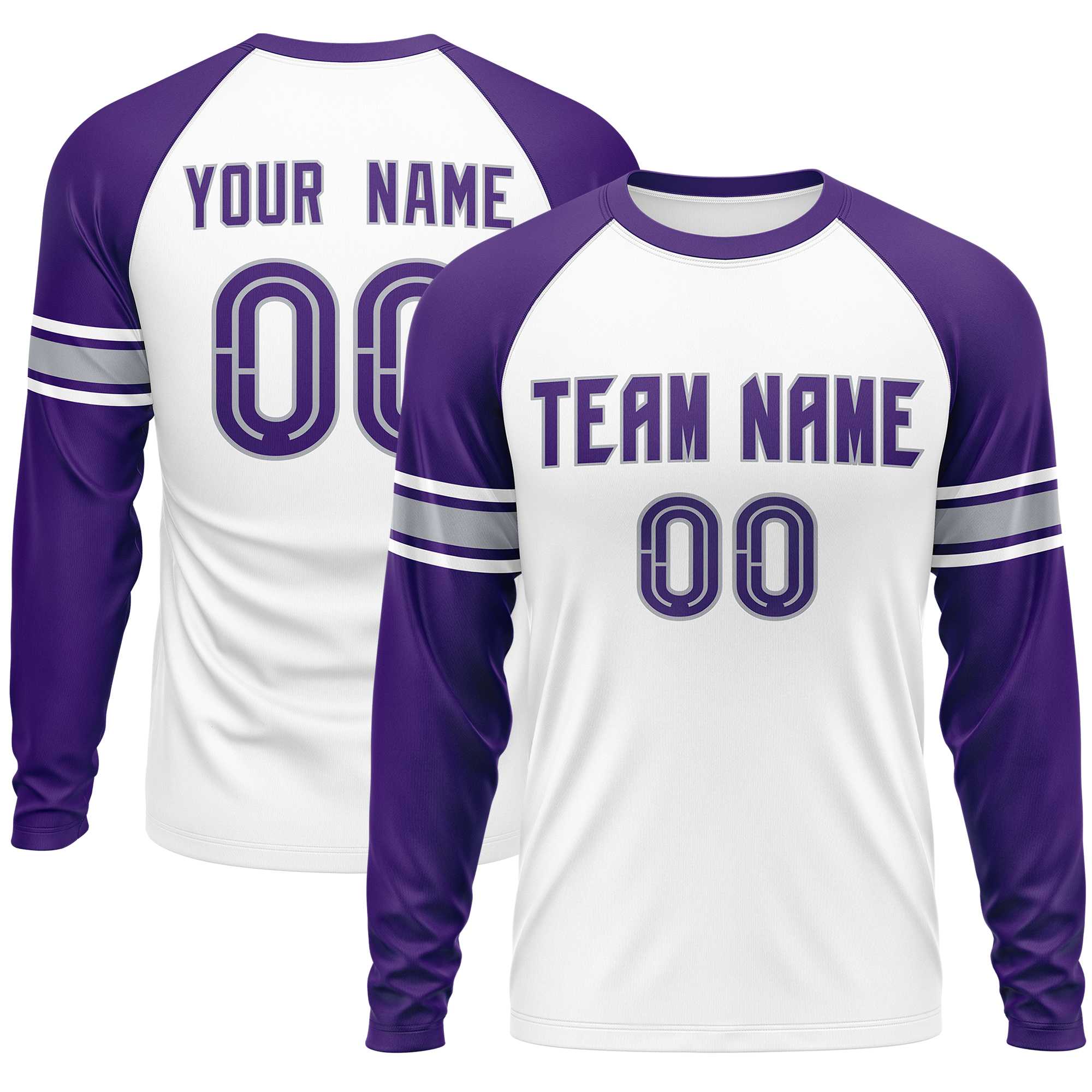 Custom White Purple Gray Crew Neck Personalized Raglan Long Sleeve Performance T-shirt