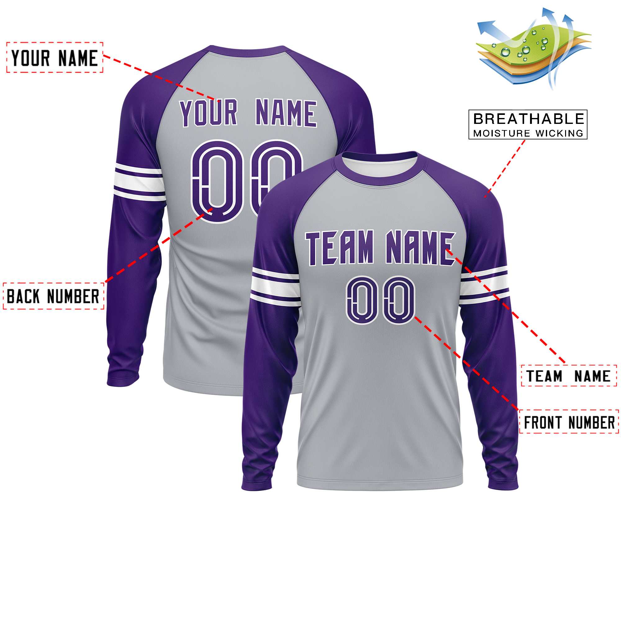 Custom Gray Purple White Crew Neck Personalized Raglan Long Sleeve Performance T-shirt