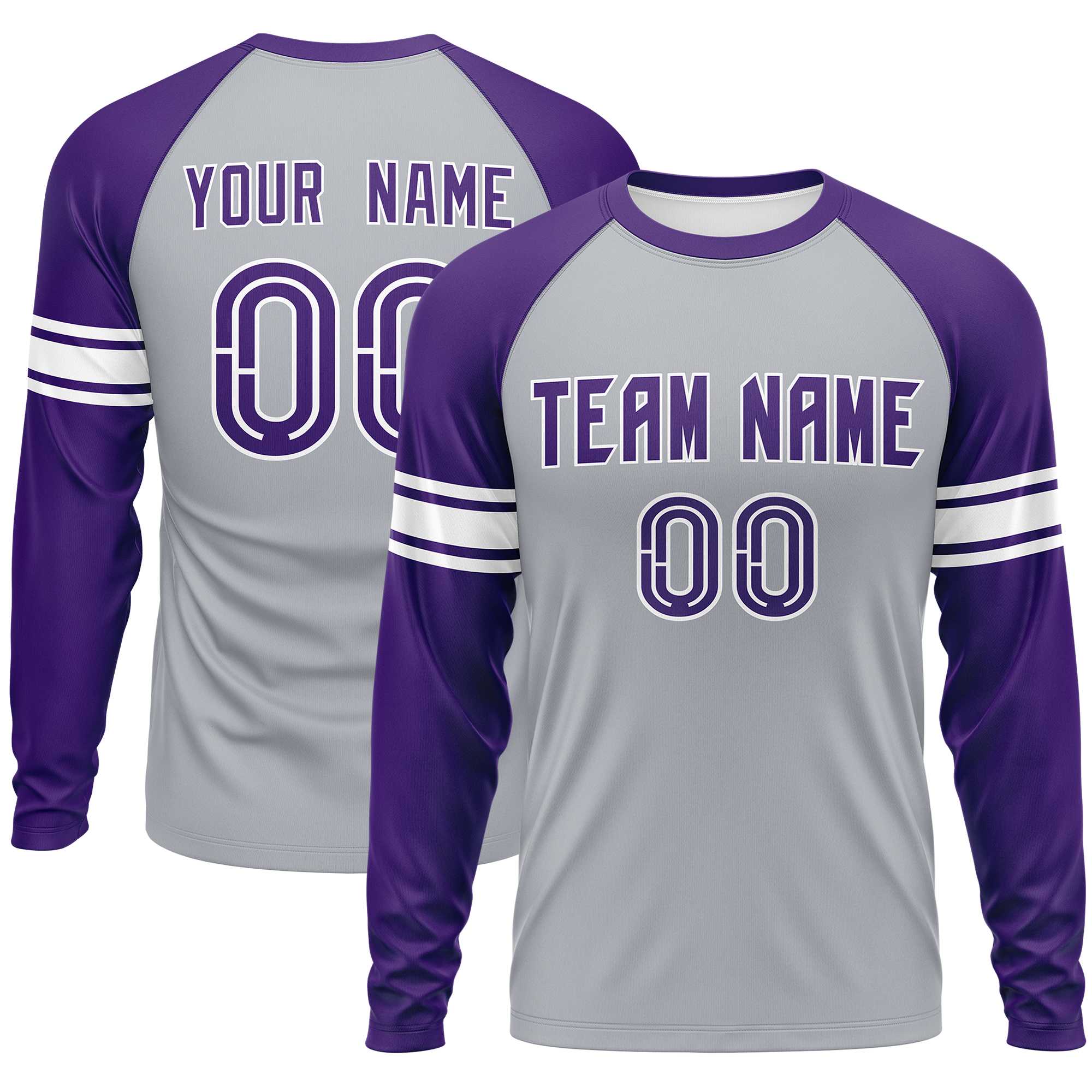 Custom Gray Purple White Crew Neck Personalized Raglan Long Sleeve Performance T-shirt