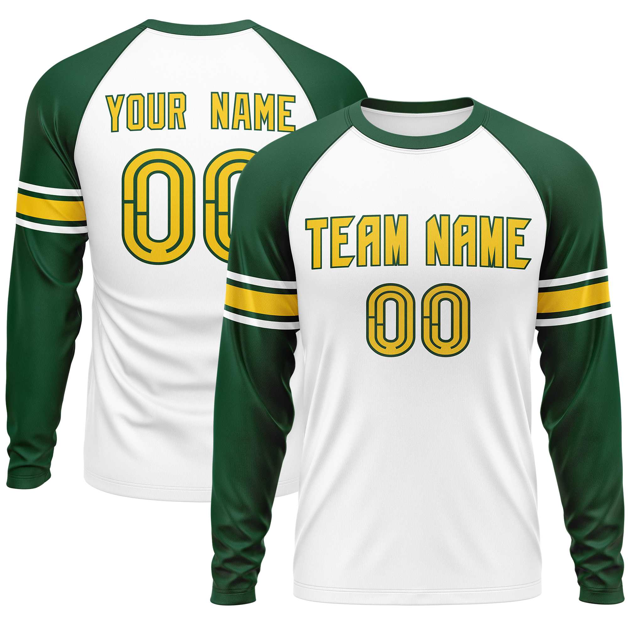 Custom White Green Gold Crew Neck Personalized Raglan Long Sleeve Performance T-shirt