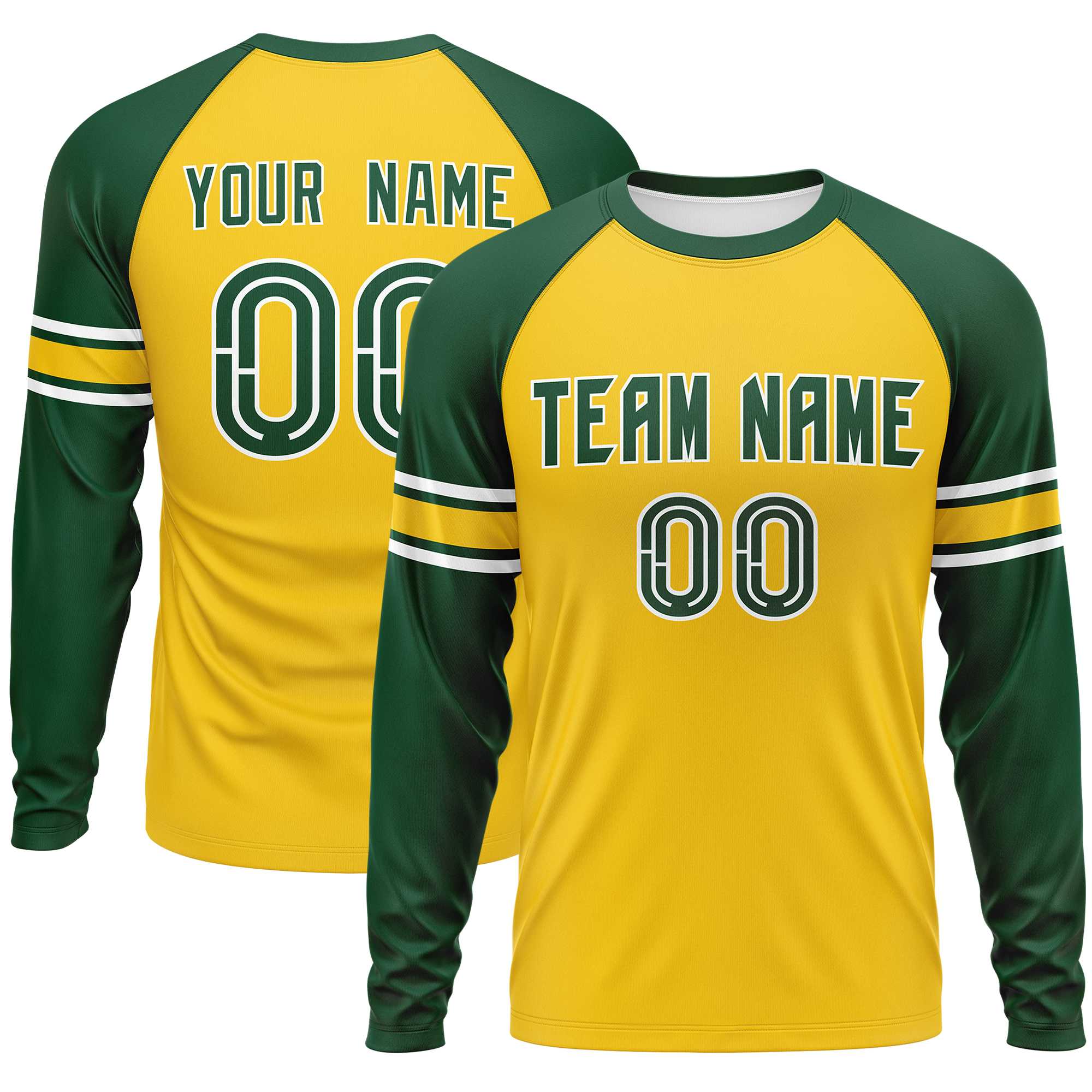 Custom Gold Green White Crew Neck Personalized Raglan Long Sleeve Performance T-shirt