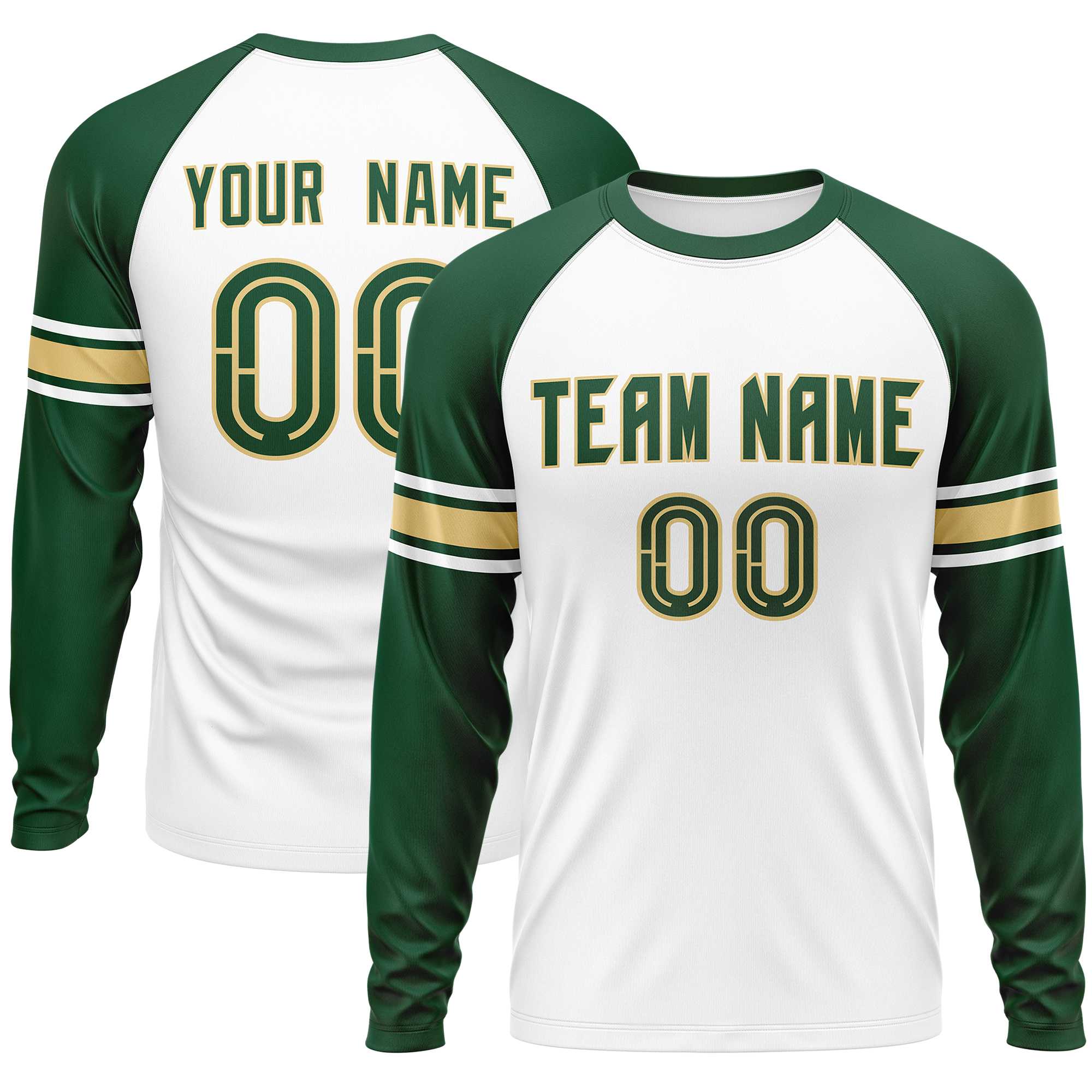 Custom White Green Khaki Crew Neck Personalized Raglan Long Sleeve Performance T-shirt