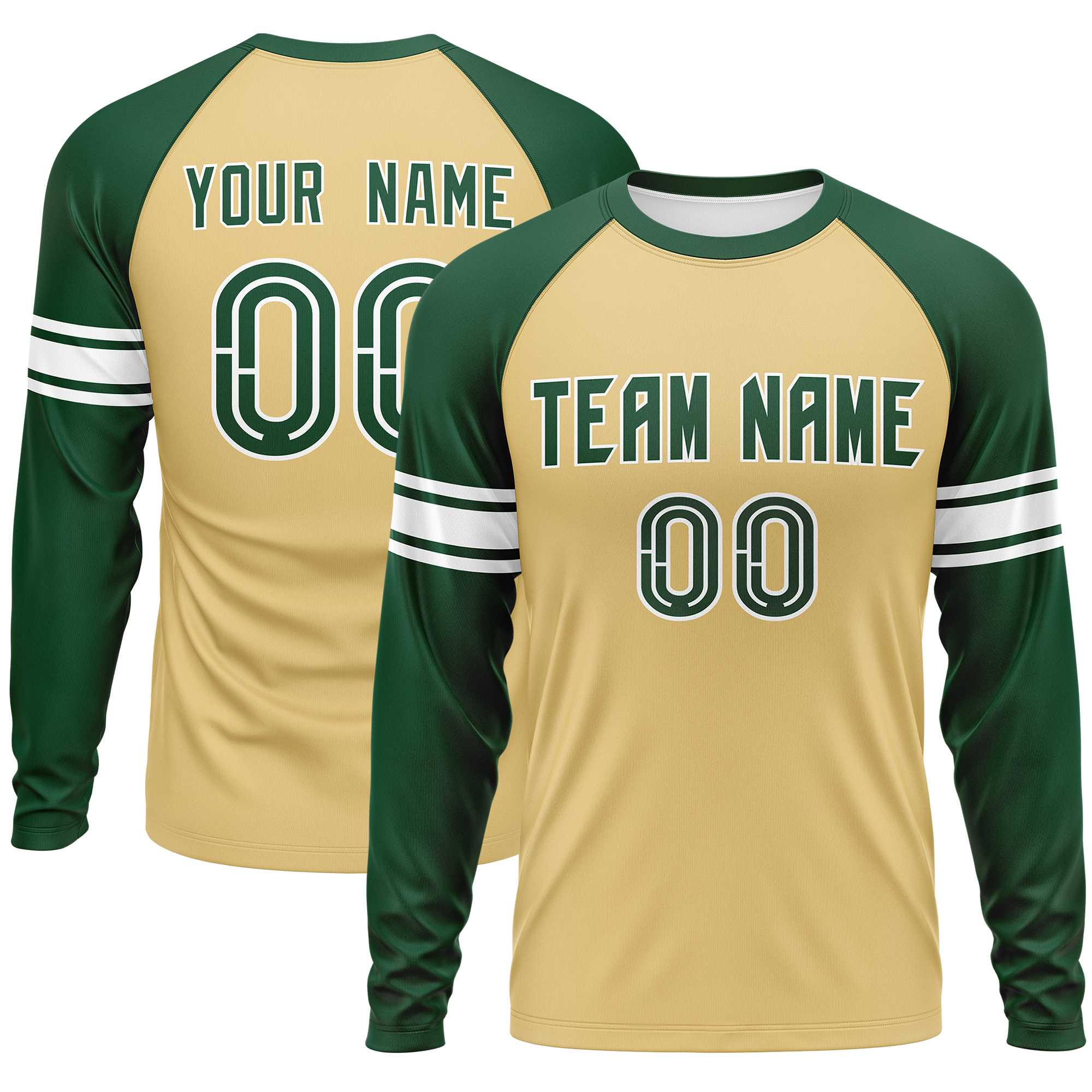 Custom Khaki Green White Crew Neck Personalized Raglan Long Sleeve Performance T-shirt