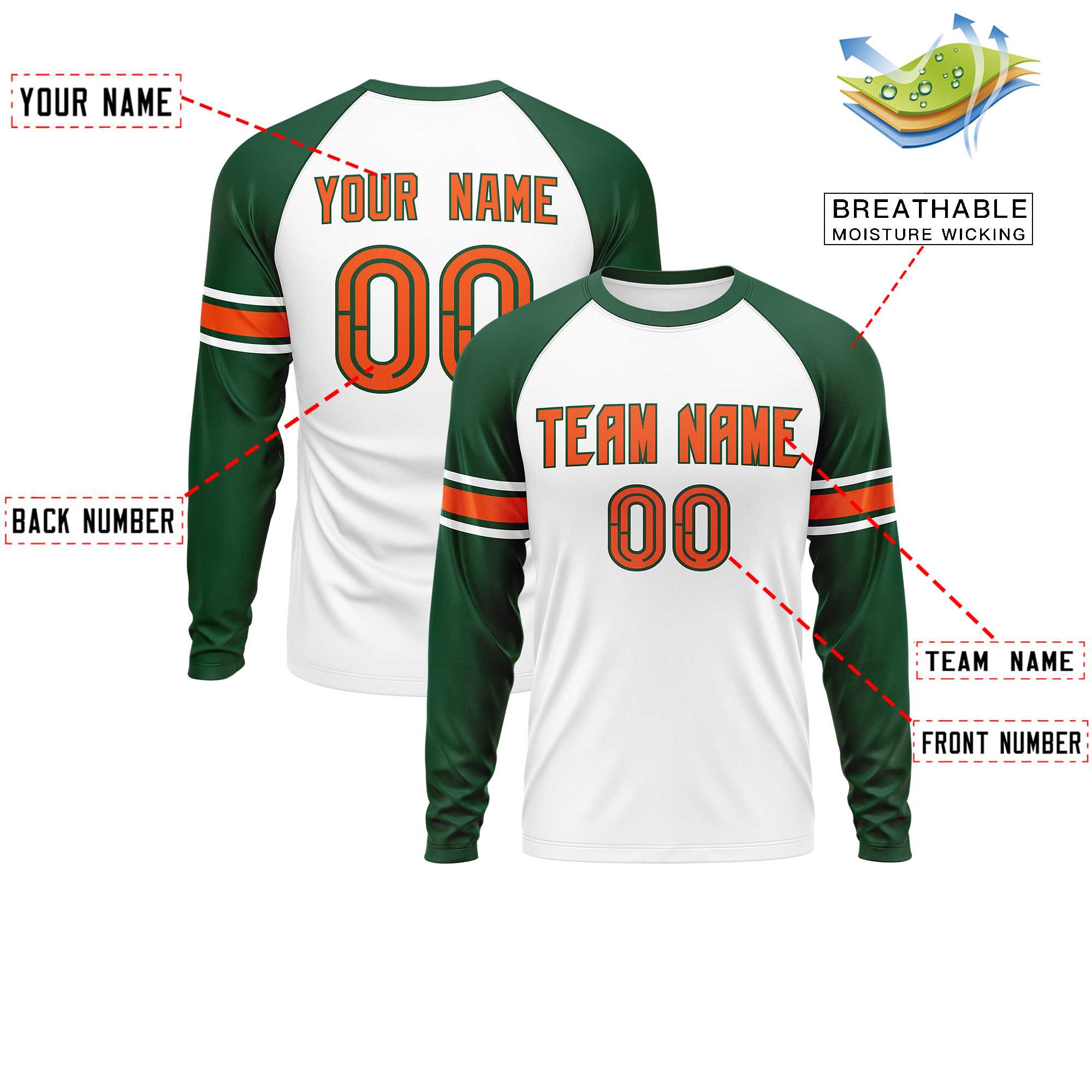 Custom White Green Orange Crew Neck Personalized Raglan Long Sleeve Performance T-shirt