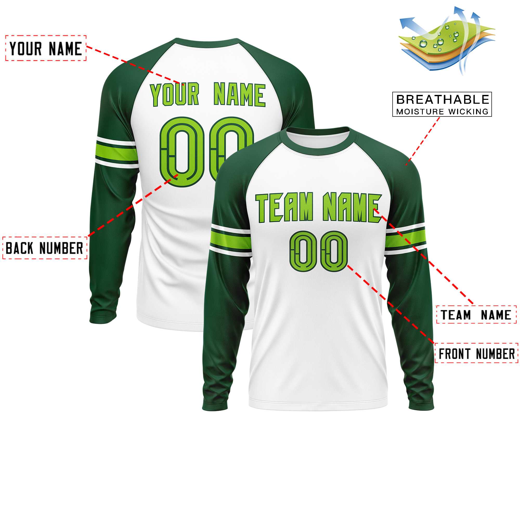 Custom White Green Neon Green Crew Neck Personalized Raglan Long Sleeve Performance T-shirt