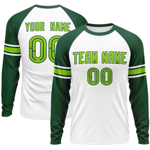 Custom White Green Neon Green Crew Neck Personalized Raglan Long Sleeve Performance T-shirt