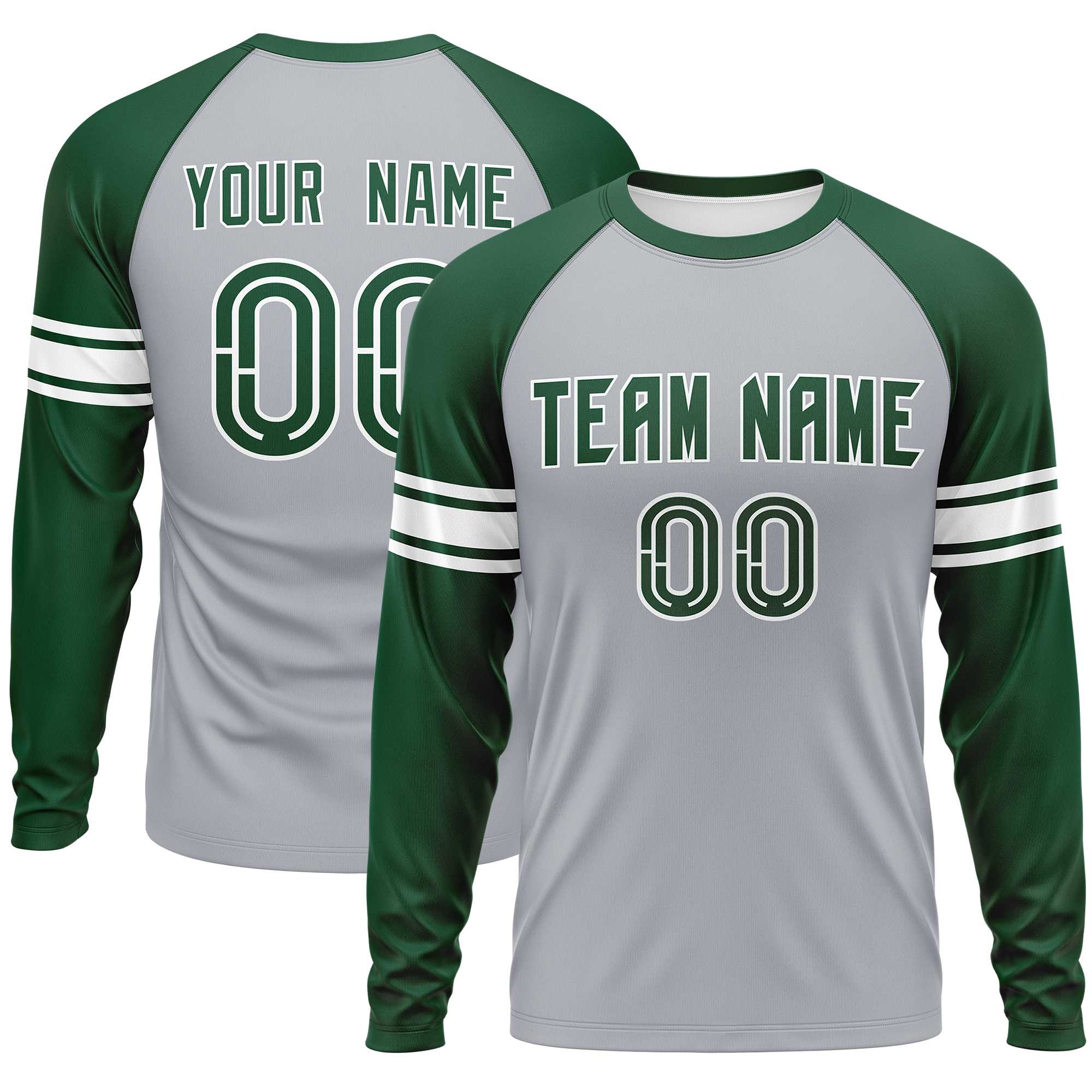 Custom Gray Green White Crew Neck Personalized Raglan Long Sleeve Performance T-shirt