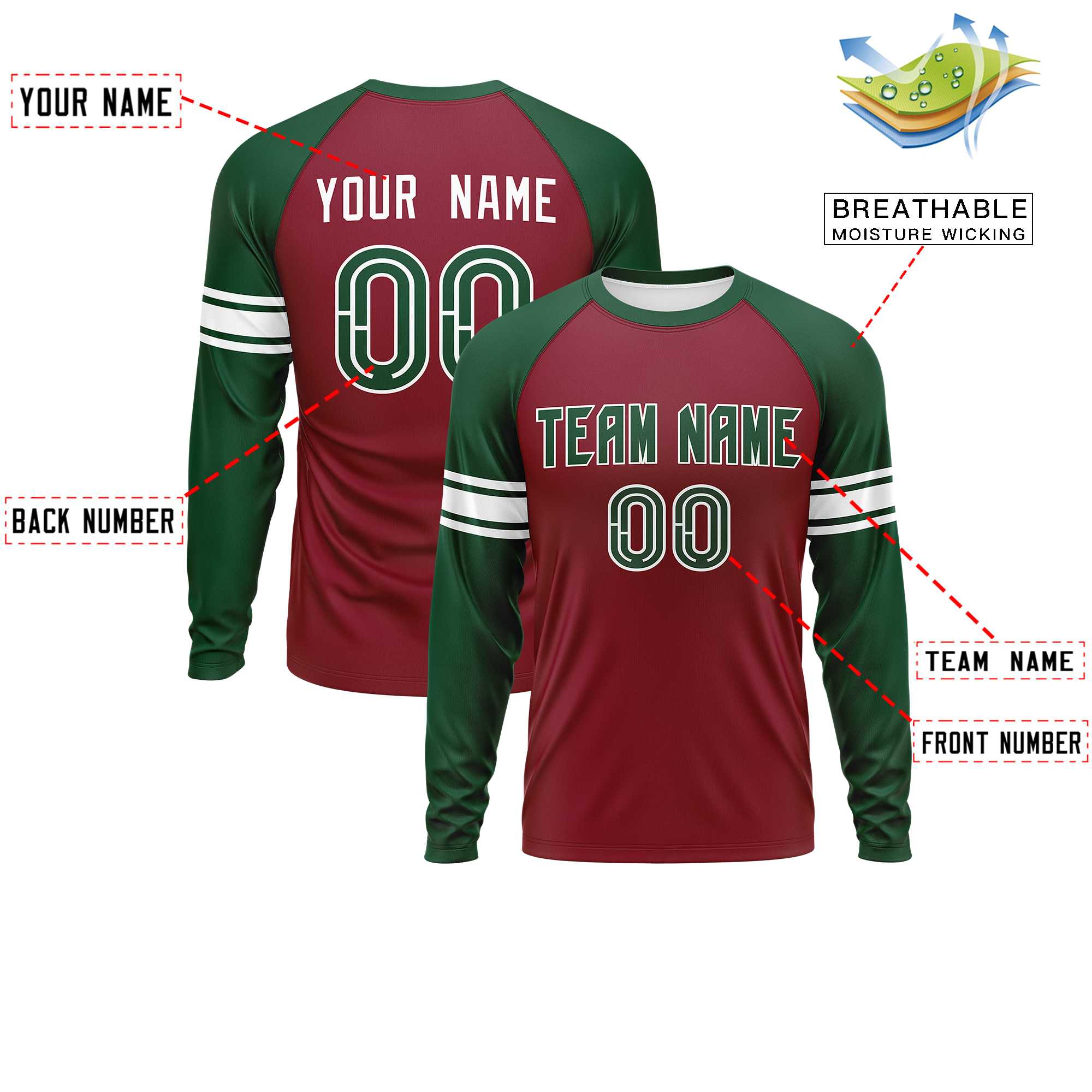 Custom Crimson Green White Crew Neck Personalized Raglan Long Sleeve Performance T-shirt