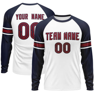 Custom White Navy Crimson Crew Neck Personalized Raglan Long Sleeve Performance T-shirt