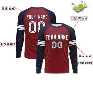 Custom Crimson Navy White Crew Neck Personalized Raglan Long Sleeve Performance T-shirt