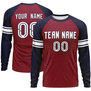 Custom Crimson Navy White Crew Neck Personalized Raglan Long Sleeve Performance T-shirt