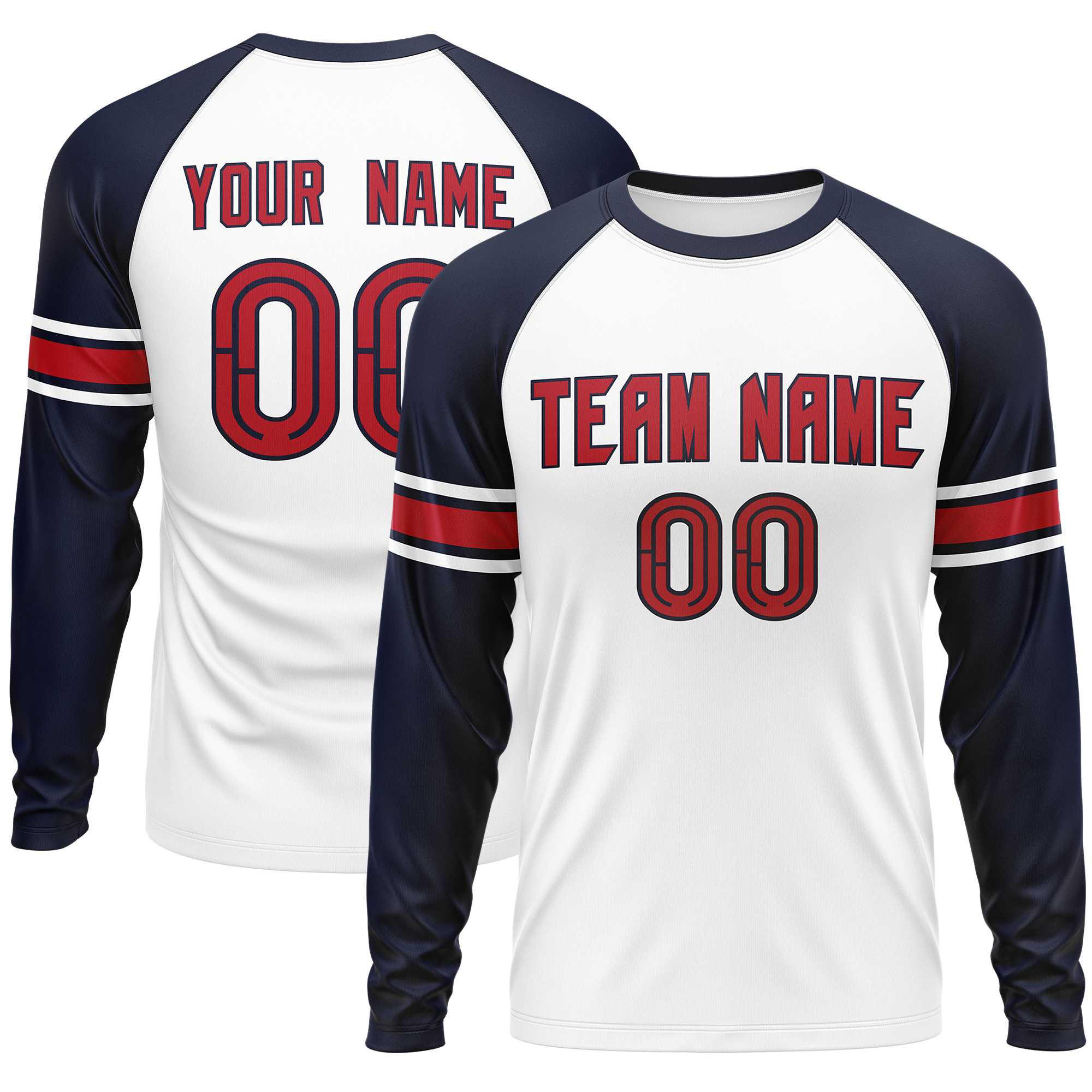 Custom White Navy Red Crew Neck Personalized Raglan Long Sleeve Performance T-shirt