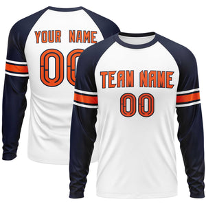 Custom White Navy Orange Crew Neck Personalized Raglan Long Sleeve Performance T-shirt