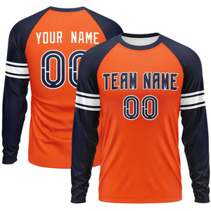 Custom Orange Navy White Crew Neck Personalized Raglan Long Sleeve Performance T-shirt