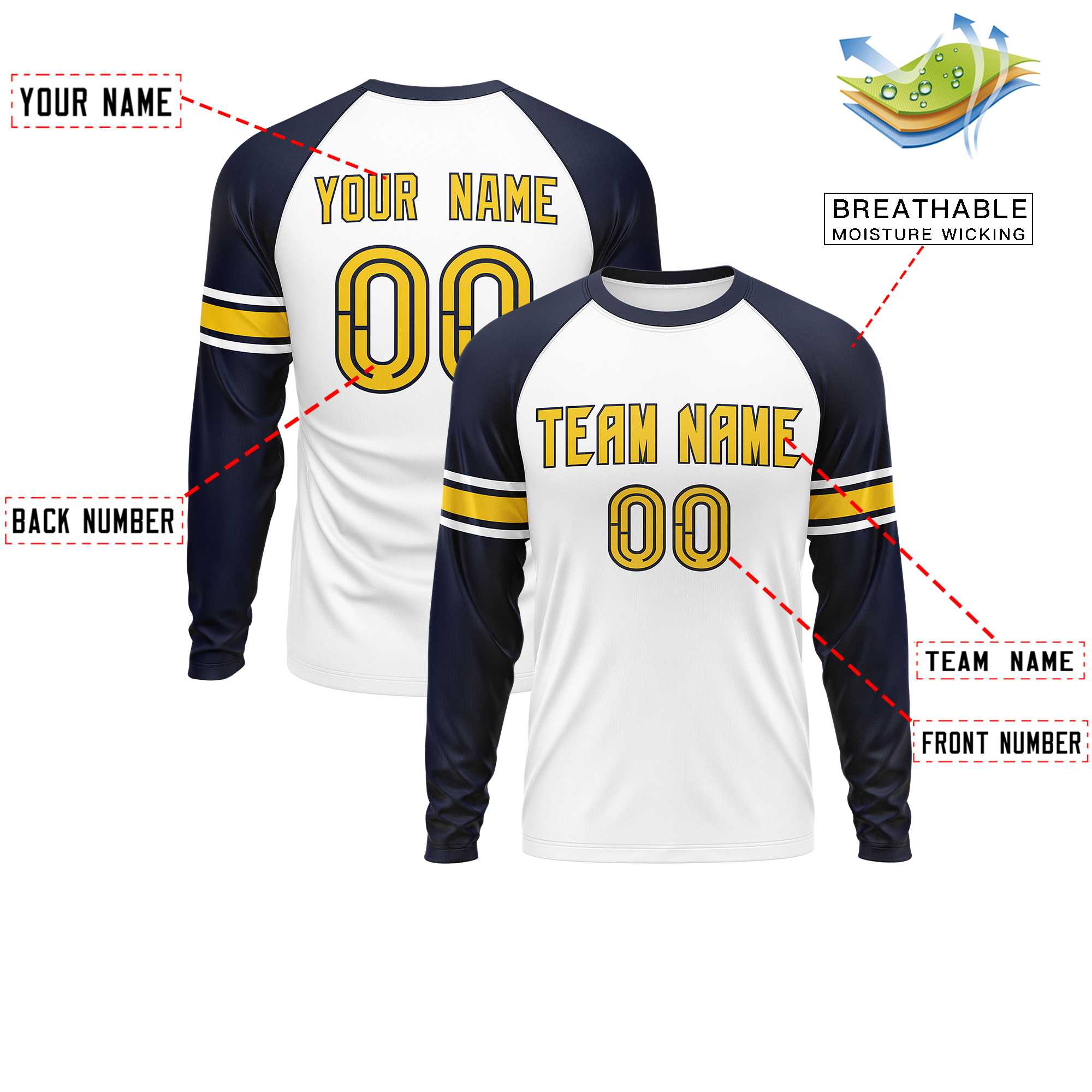 Custom White Navy Gold Crew Neck Personalized Raglan Long Sleeve Performance T-shirt