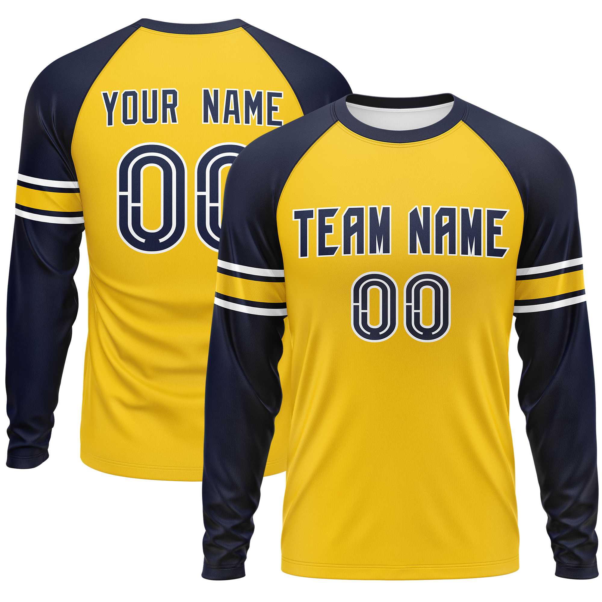 Custom Gold Navy Gold Crew Neck Personalized Raglan Long Sleeve Performance T-shirt