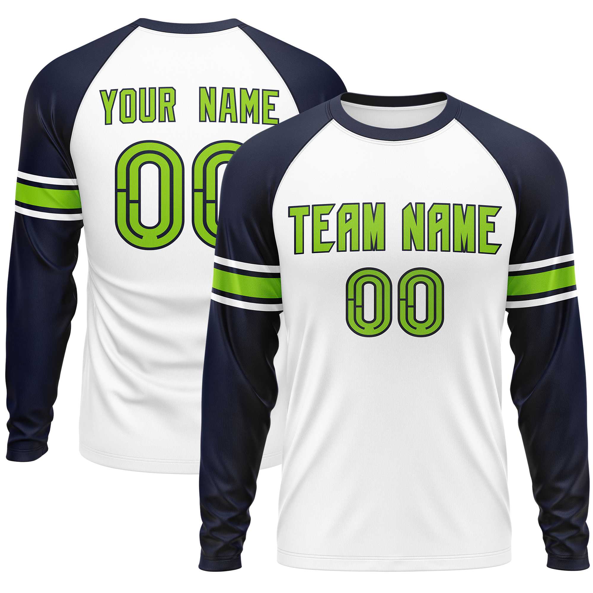 Custom White Navy Neon Green Crew Neck Personalized Raglan Long Sleeve Performance T-shirt