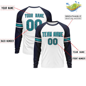 Custom White Navy Aqua Crew Neck Personalized Raglan Long Sleeve Performance T-shirt