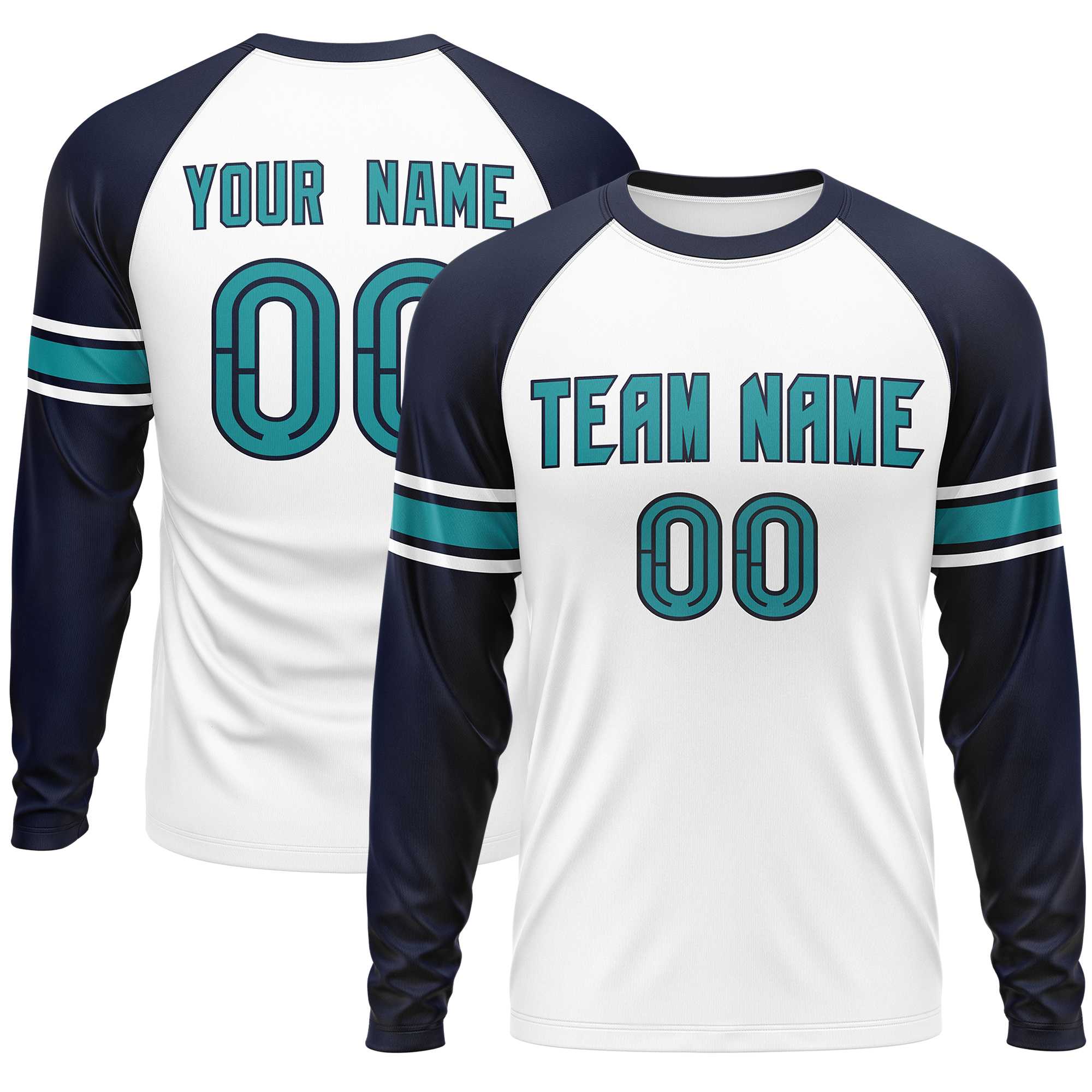 Custom White Navy Aqua Crew Neck Personalized Raglan Long Sleeve Performance T-shirt