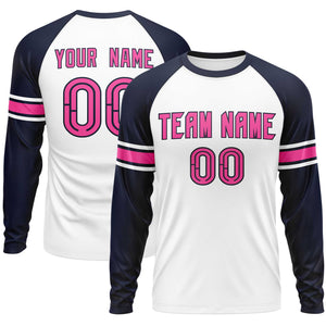 Custom White Navy Pink Crew Neck Personalized Raglan Long Sleeve Performance T-shirt