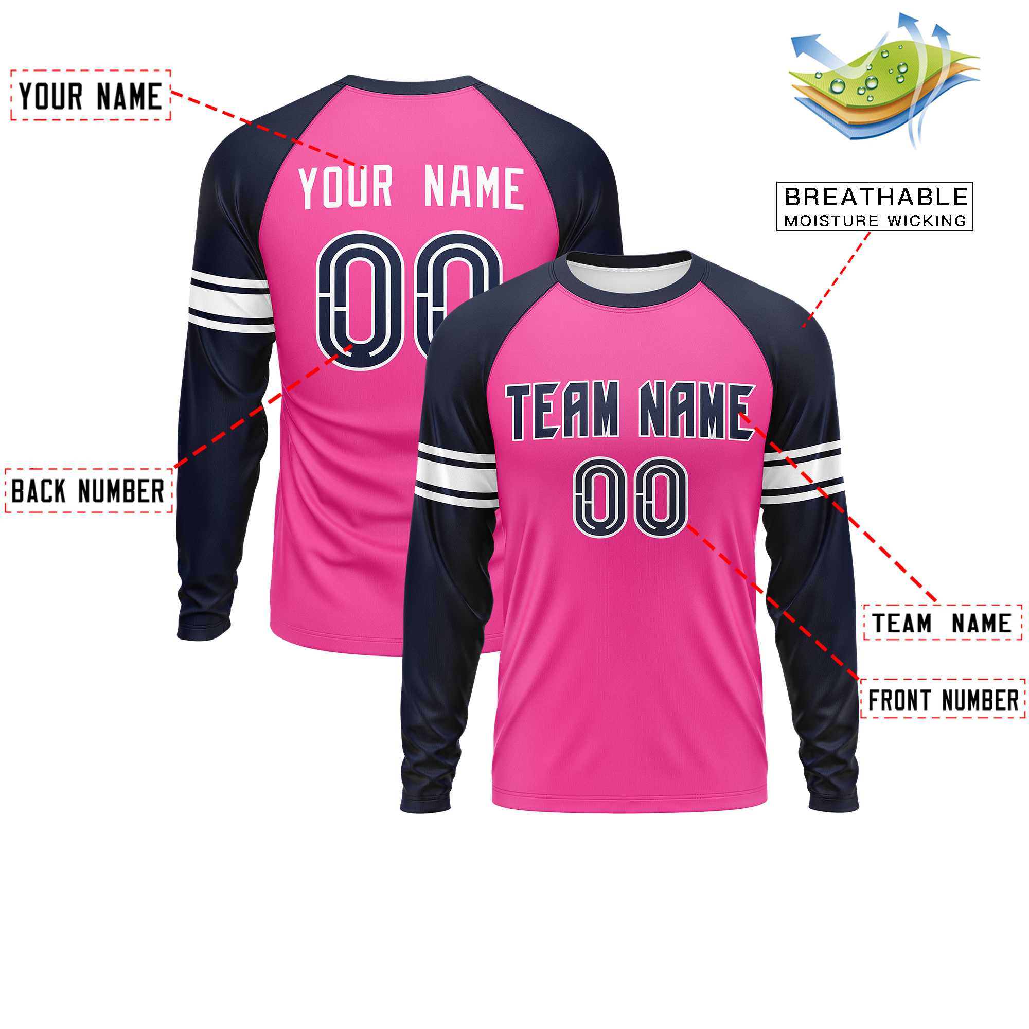 Custom Pink Navy White Crew Neck Personalized Raglan Long Sleeve Performance T-shirt