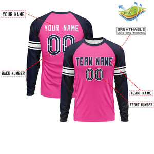 Custom Pink Navy White Crew Neck Personalized Raglan Long Sleeve Performance T-shirt