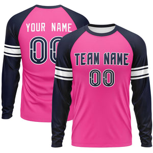 Custom Pink Navy White Crew Neck Personalized Raglan Long Sleeve Performance T-shirt