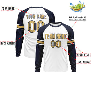 Custom White Navy Old Gold Crew Neck Personalized Raglan Long Sleeve Performance T-shirt