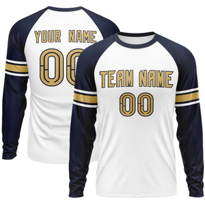 Custom White Navy Old Gold Crew Neck Personalized Raglan Long Sleeve Performance T-shirt