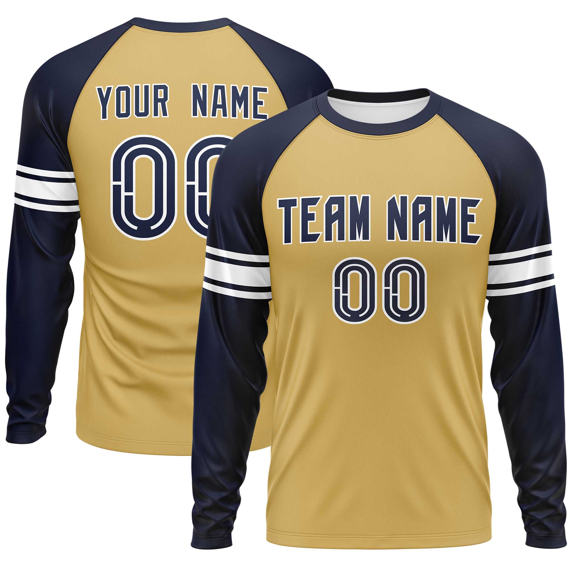 Custom Old Gold Navy White Crew Neck Personalized Raglan Long Sleeve Performance T-shirt