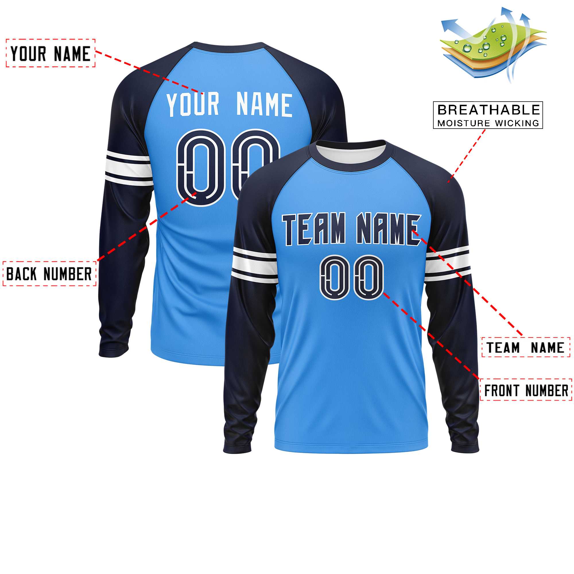 Custom Powder Blue Navy White Crew Neck Personalized Raglan Long Sleeve Performance T-shirt