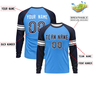 Custom Powder Blue Navy White Crew Neck Personalized Raglan Long Sleeve Performance T-shirt