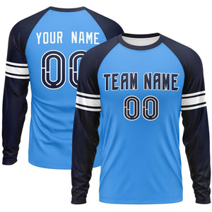 Custom Powder Blue Navy White Crew Neck Personalized Raglan Long Sleeve Performance T-shirt