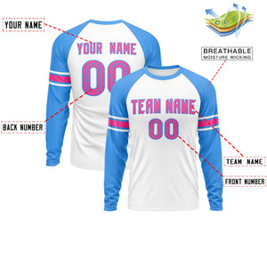 Custom White Powder Blue Pink Crew Neck Personalized Raglan Long Sleeve Performance T-shirt