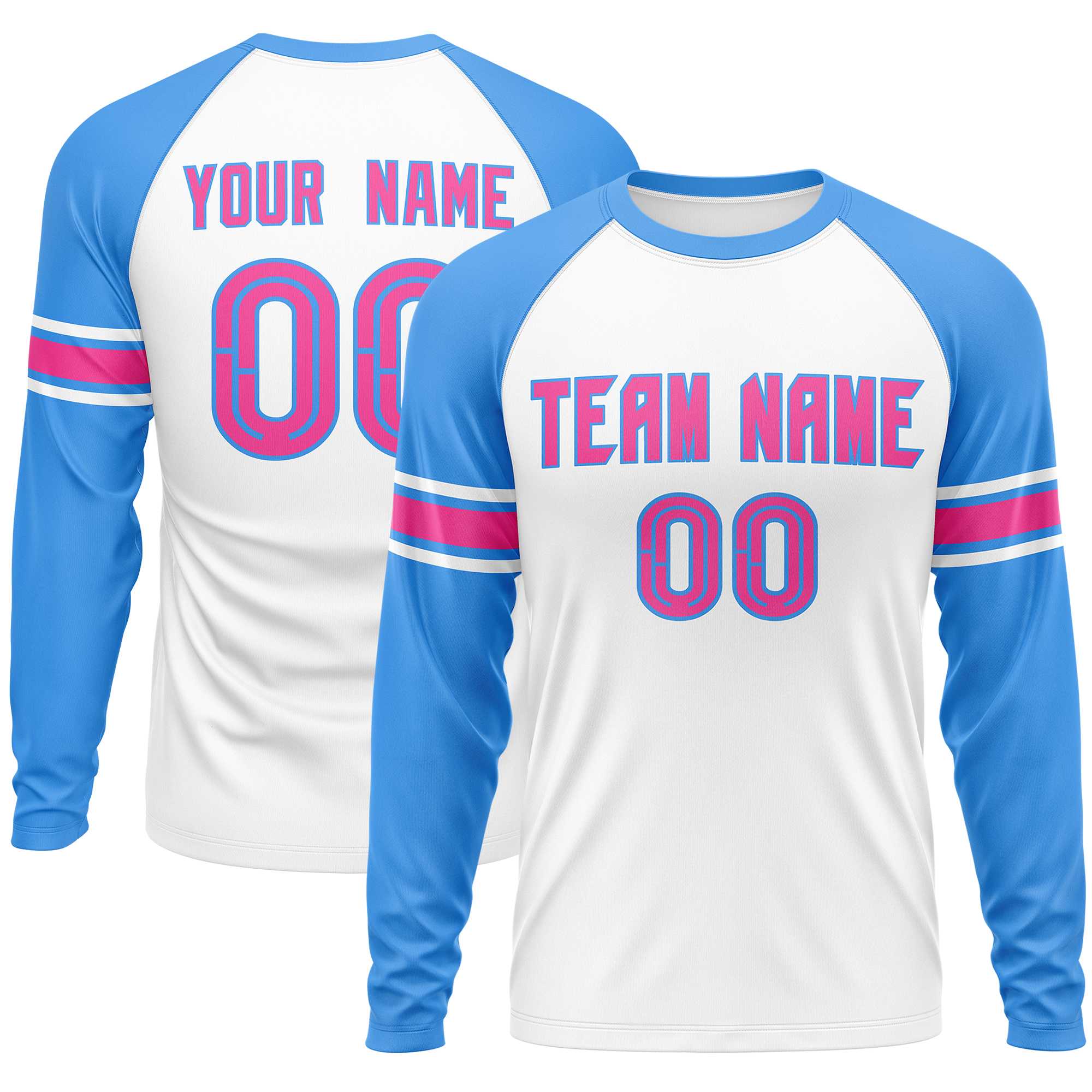 Custom White Powder Blue Pink Crew Neck Personalized Raglan Long Sleeve Performance T-shirt