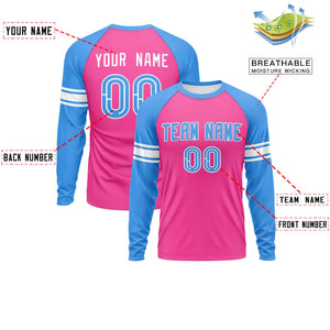 Custom Pink Powder Blue White Crew Neck Personalized Raglan Long Sleeve Performance T-shirt