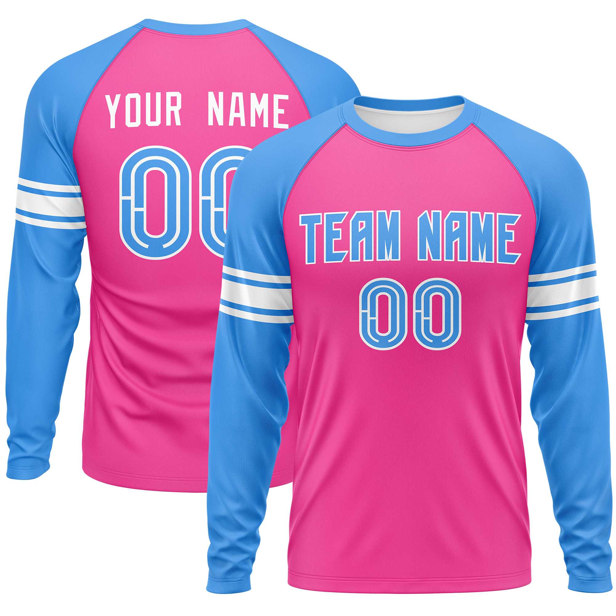 Custom Pink Powder Blue White Crew Neck Personalized Raglan Long Sleeve Performance T-shirt