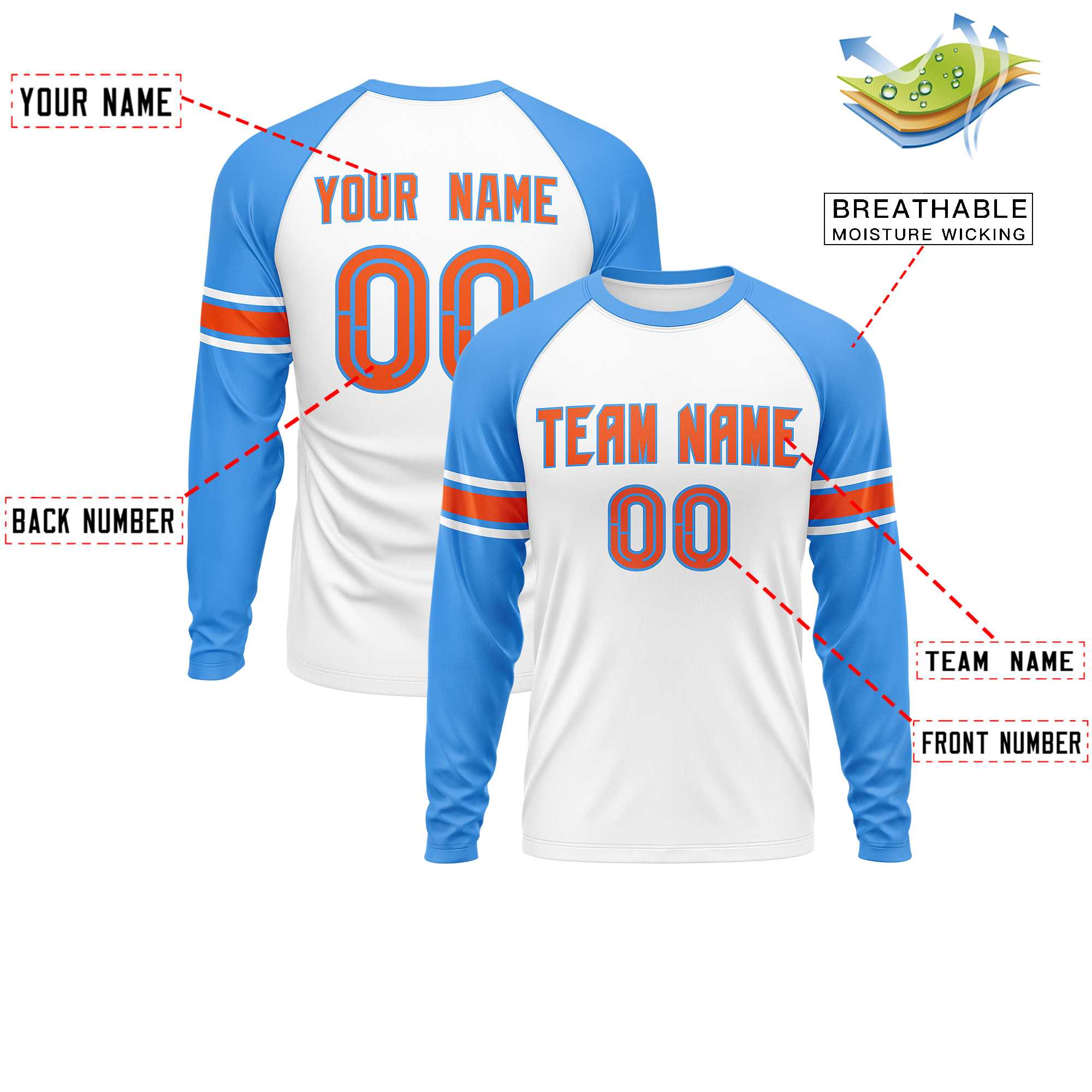 Custom White Powder Blue Orange Crew Neck Personalized Raglan Long Sleeve Performance T-shirt