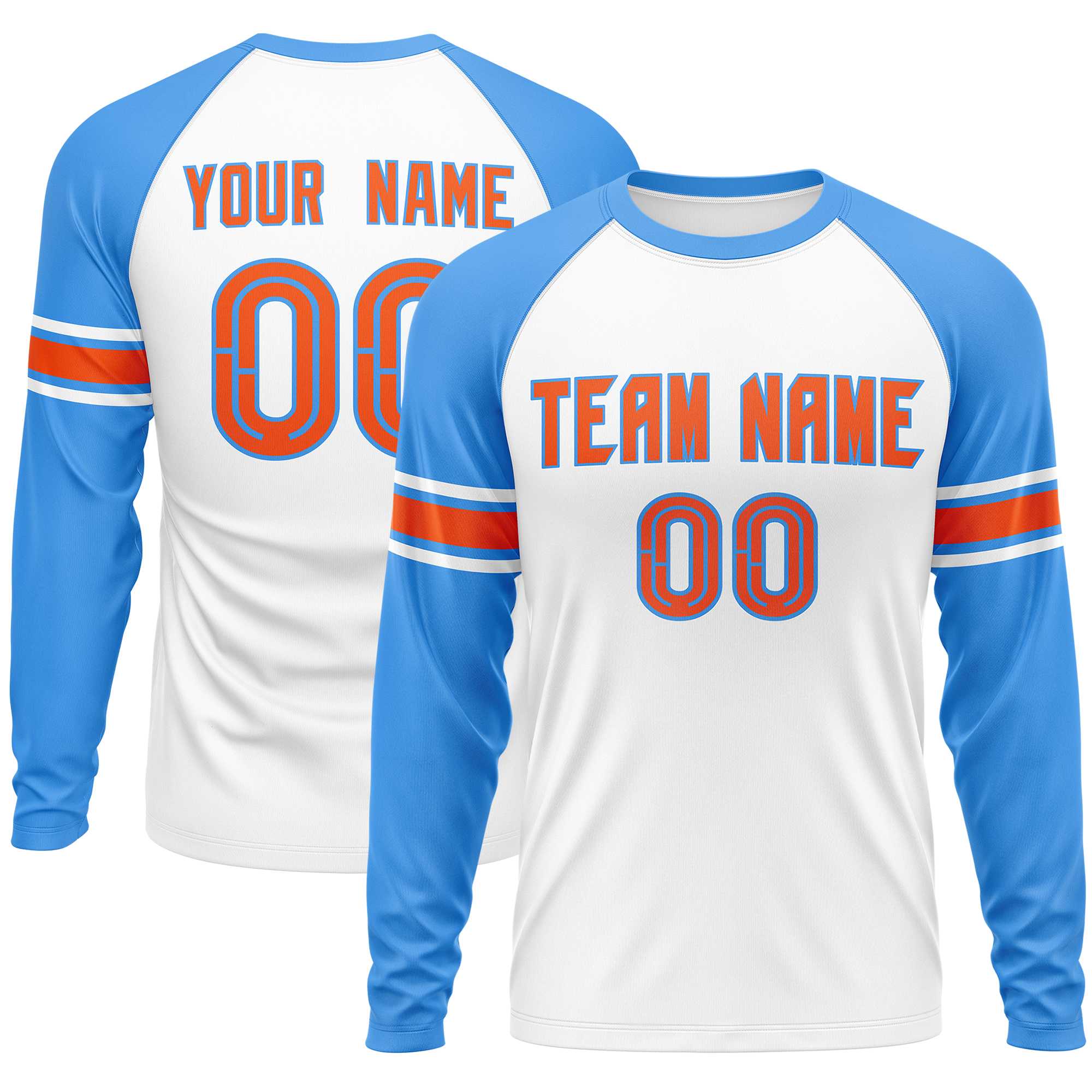 Custom White Powder Blue Orange Crew Neck Personalized Raglan Long Sleeve Performance T-shirt