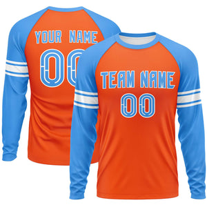 Custom Orange Powder Blue White Crew Neck Personalized Raglan Long Sleeve Performance T-shirt