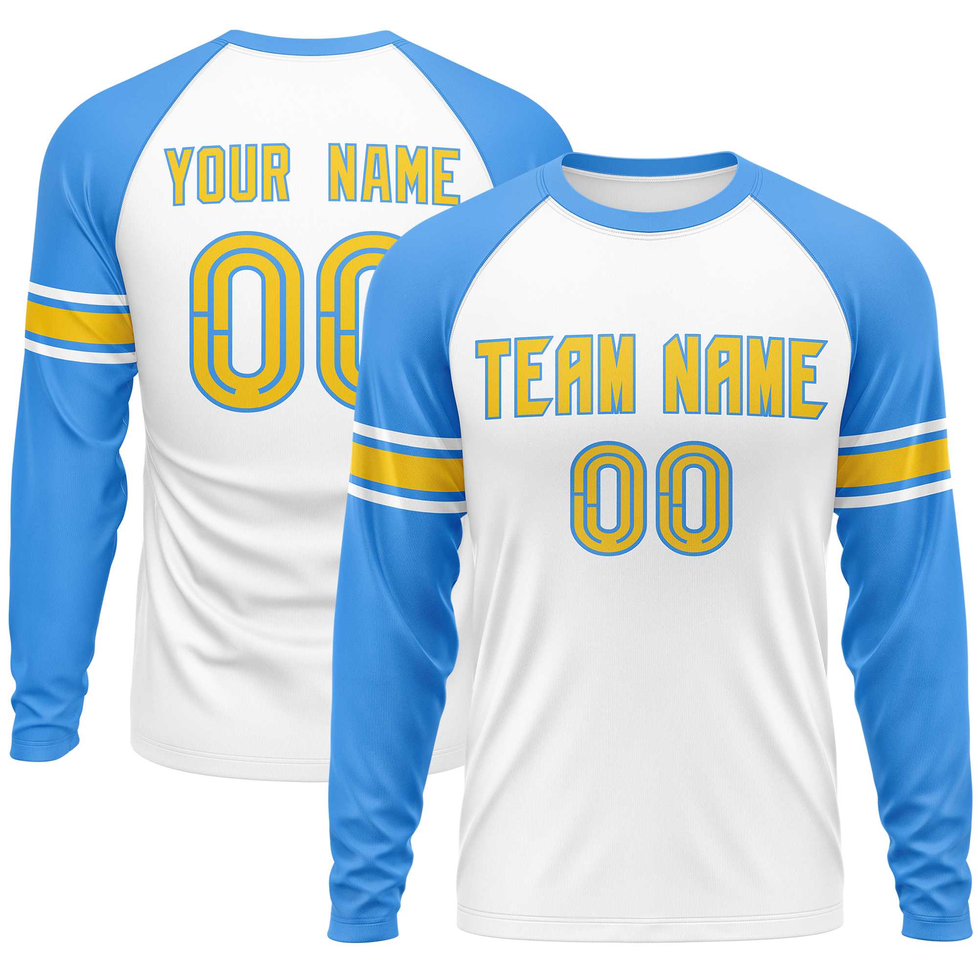 Custom White Powder Blue Gold Crew Neck Personalized Raglan Long Sleeve Performance T-shirt