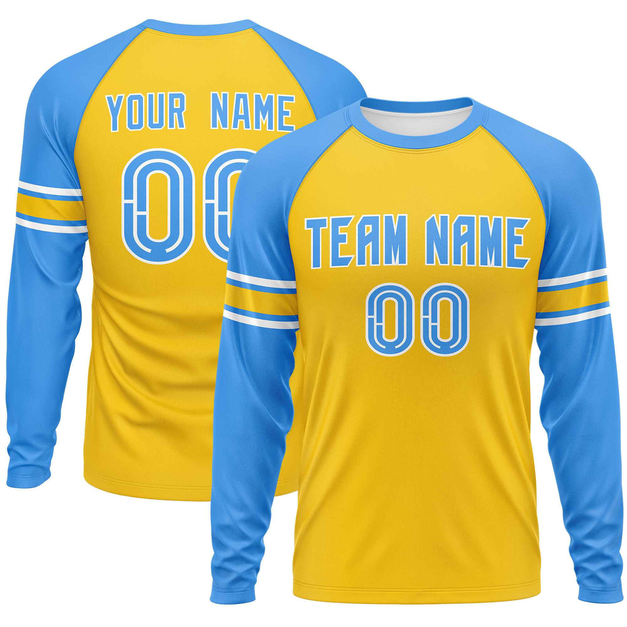 Custom Gold Powder Blue White Crew Neck Personalized Raglan Long Sleeve Performance T-shirt