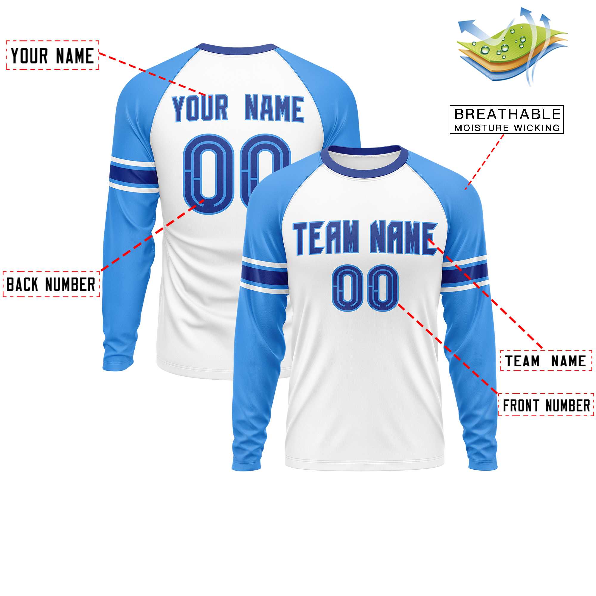 Custom White Powder Blue Royal Crew Neck Personalized Raglan Long Sleeve Performance T-shirt