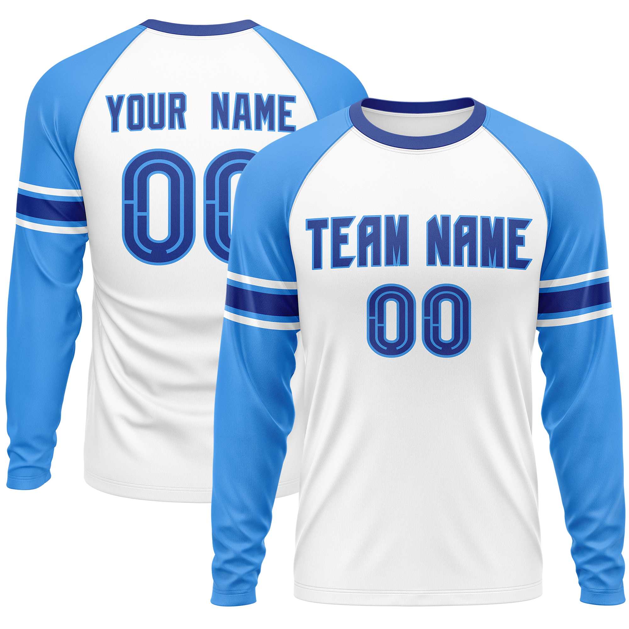 Custom White Powder Blue Royal Crew Neck Personalized Raglan Long Sleeve Performance T-shirt